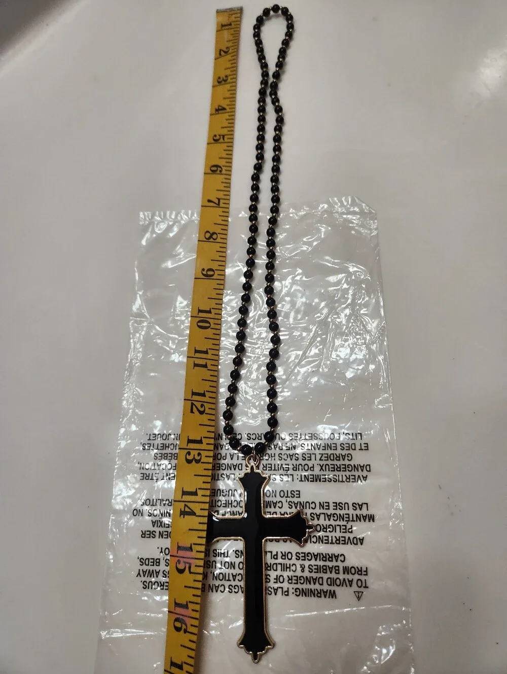Black Beaded Ball Chain Necklace with Large Cross Pendant – 24